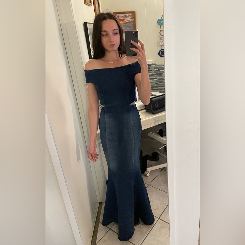 Off-Shoulder Denim Maxi Dress